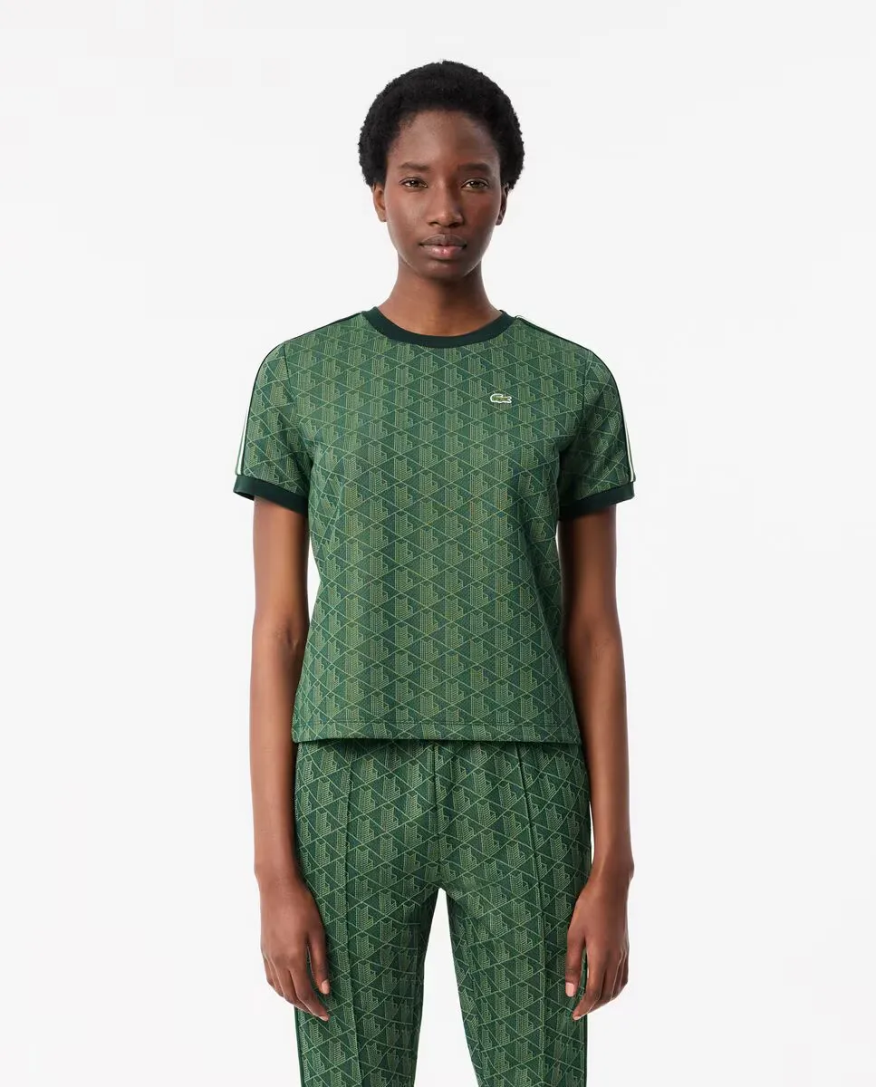 Женская приталенная жаккардовая футболка с монограммой и короткими рукавами Lacoste, зеленый
Женская приталенная жаккардовая футболка с монограммой и короткими рукавами Lacoste, зеленый