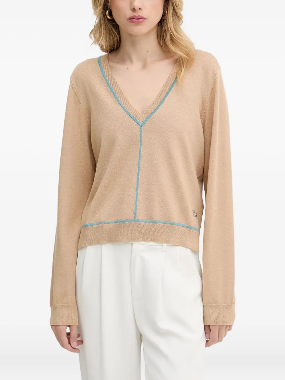 Свитер с V-образным вырезом и вышитым логотипом KARL LAGERFELD, нейтральный
Свитер с V-образным вырезом и вышитым логотипом KARL LAGERFELD, нейтральный