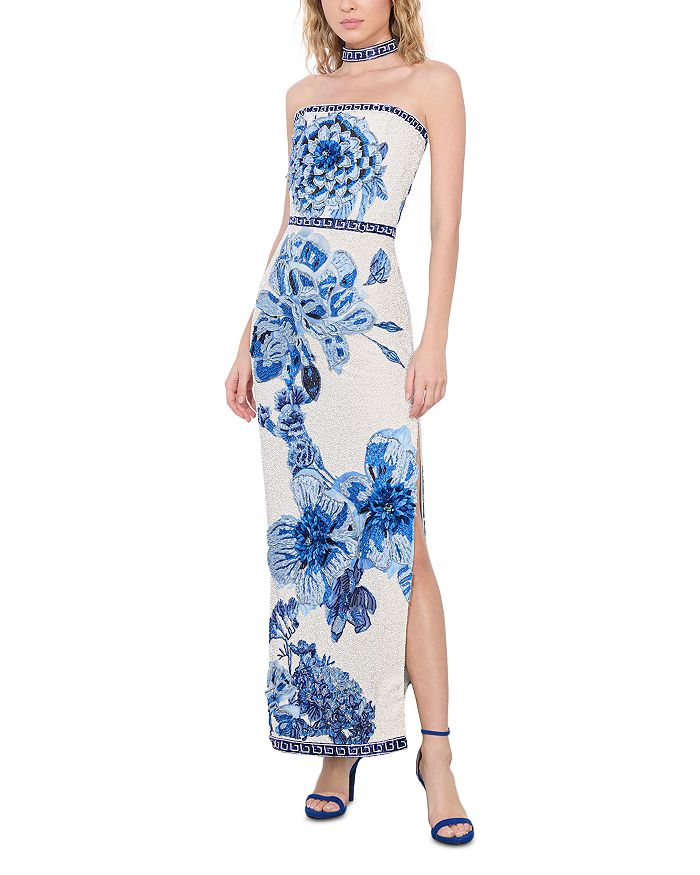 Жоржи Платье без бретелей с декором и чокер Alice and Olivia, синий 
Жоржи Платье без бретелей с декором и чокер Alice and Olivia, синий