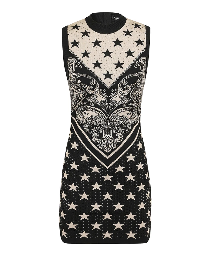 Короткое платье вязки со звездами пейсли Balmain, черный
Короткое платье вязки со звездами пейсли Balmain, черный