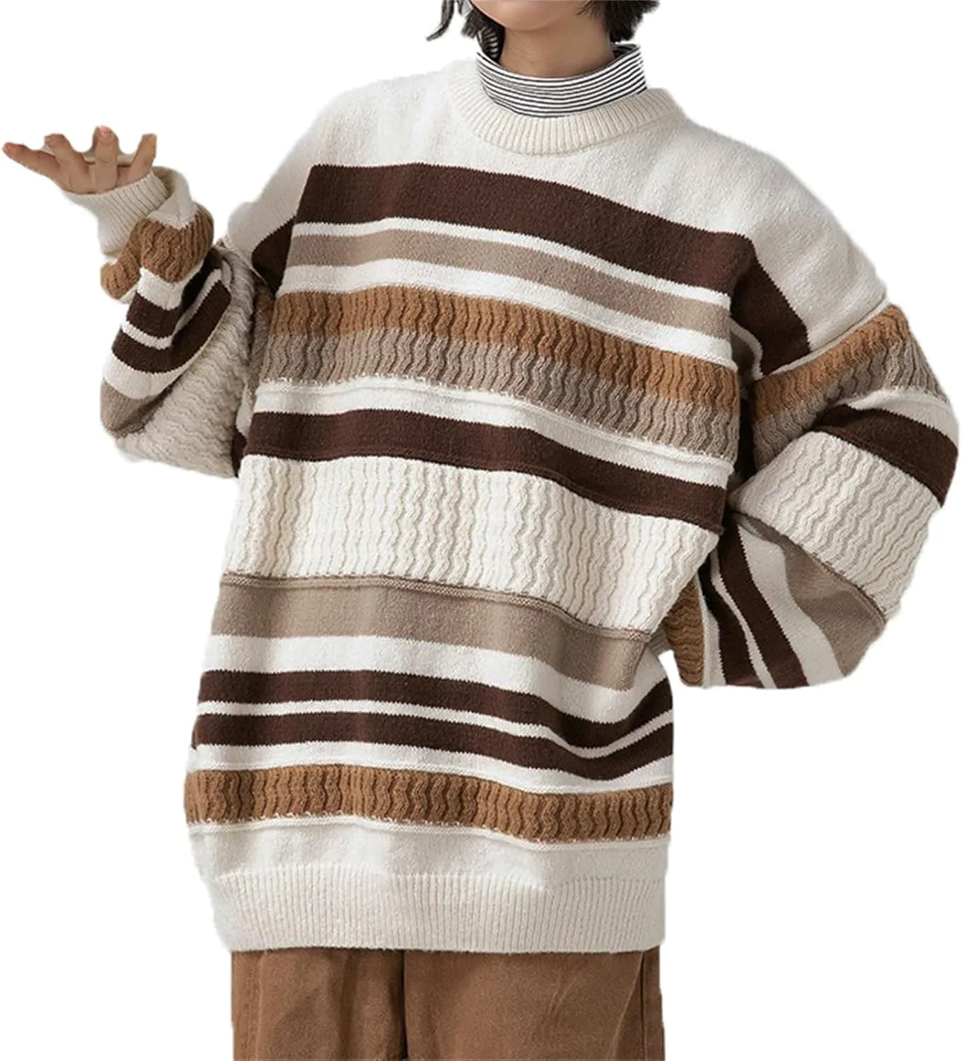 Мужской вязаный свитер с полосками, круглый вырез, длинный рукав
Мужской вязаный свитер с полосками, круглый вырез, длинный рукав