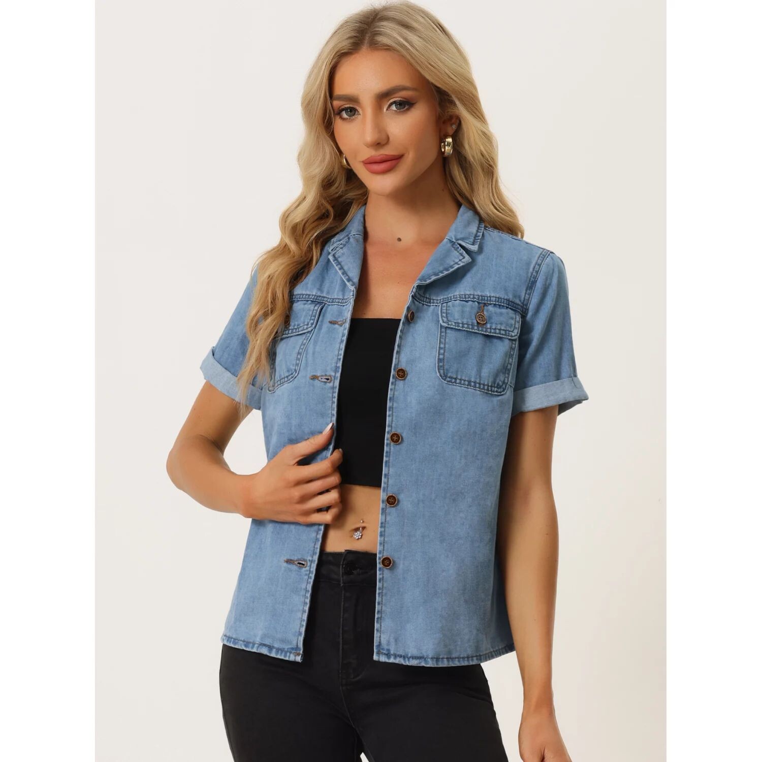 Женская джинсовая куртка с воротником и коротким рукавом, рубашка на пуговицах с нагрудным карманом, синяя, L ALLEGRA K, синий
Женская джинсовая куртка с воротником и коротким рукавом, рубашка на пуговицах с нагрудным карманом, синяя, L ALLEGRA K, синий