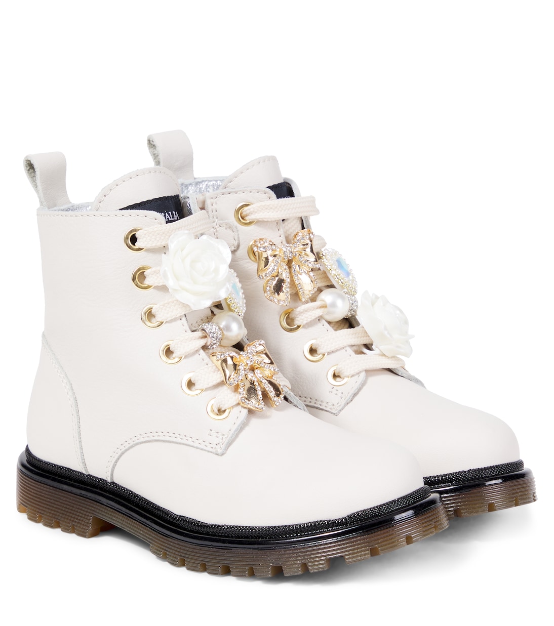 Декорированные кожаные шнурованные ботинки Monnalisa, экрю 
Декорированные кожаные шнурованные ботинки Monnalisa, экрю