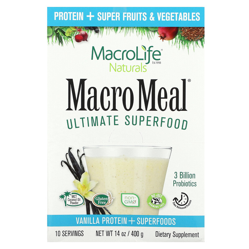 Macrolife Naturals, MacroMeal, суперфуд, ваниль, 10 пакетиков по 40 г (1,4 унции)
Macrolife Naturals, MacroMeal, суперфуд, ваниль, 10 пакетиков по 40 г (1,4 унции)