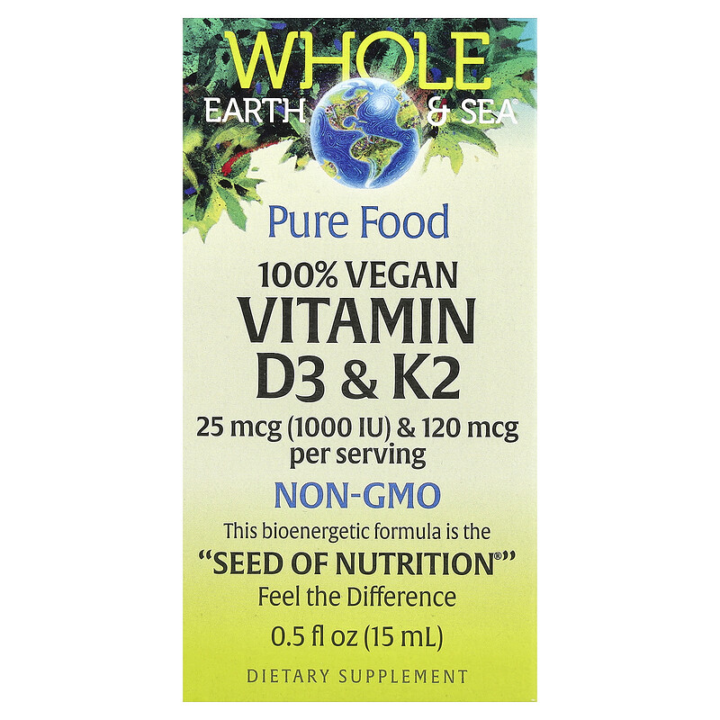 Natural Factors, Whole Earth Sea, 100% веганские витамины D3 и K2, 15 мл (0,5 жидк. унц.)
Natural Factors, Whole Earth Sea, 100% веганские витамины D3 и K2, 15 мл (0,5 жидк. унц.)