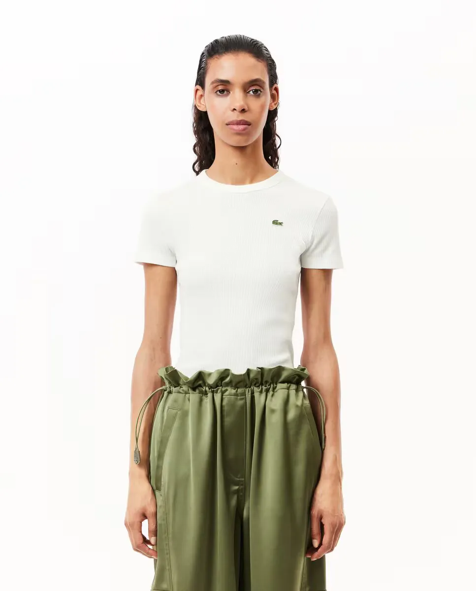 Женская приталенная футболка из хлопка в рубчик с короткими рукавами Lacoste, белый
Женская приталенная футболка из хлопка в рубчик с короткими рукавами Lacoste, белый