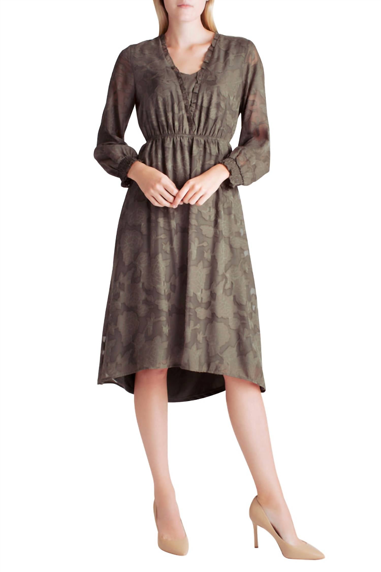 Платье миди с длинными рукавами и выгоревшим эффектом, присборенное, коричневого цвета Kensie 
Платье миди с длинными рукавами и выгоревшим эффектом, присборенное, коричневого цвета Kensie