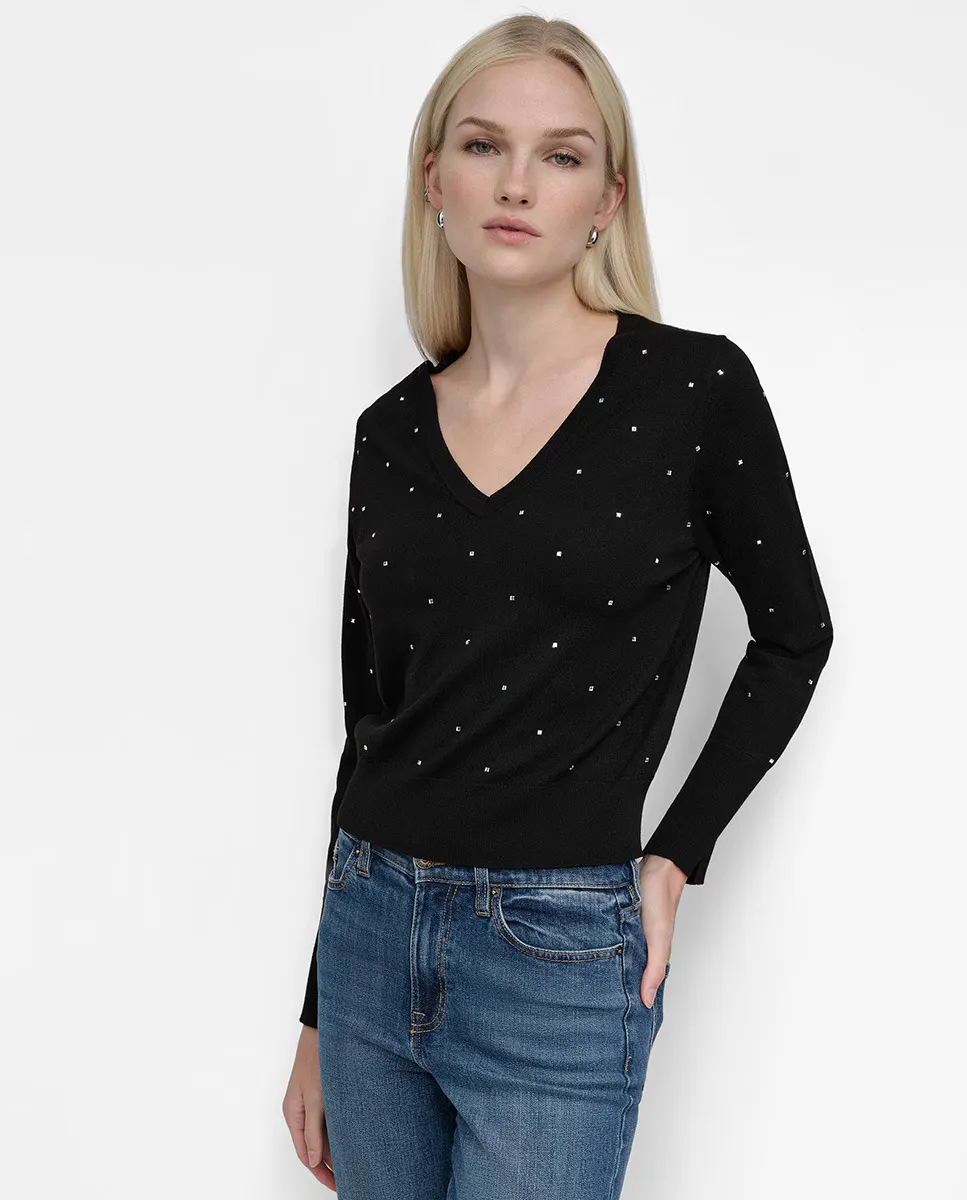 Женский вязаный свитер с заклепками и V-образным вырезом Dkny Jeans, черный
Женский вязаный свитер с заклепками и V-образным вырезом Dkny Jeans, черный