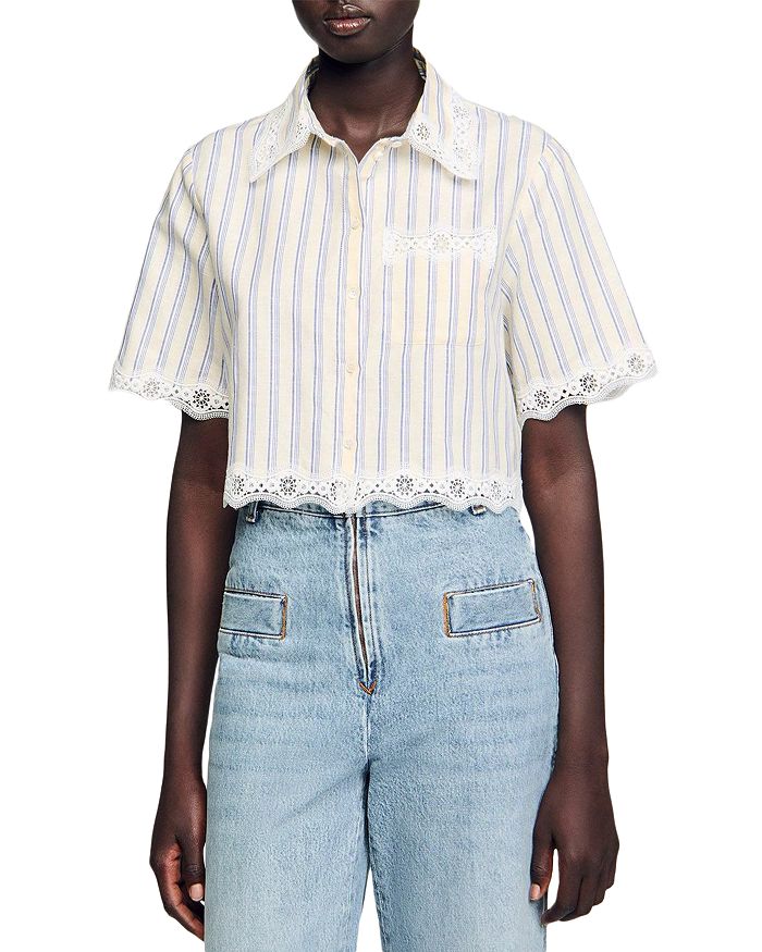 Полосатая укороченная рубашка Sandro, слоновая кость/кремовый
Полосатая укороченная рубашка Sandro, слоновая кость/кремовый