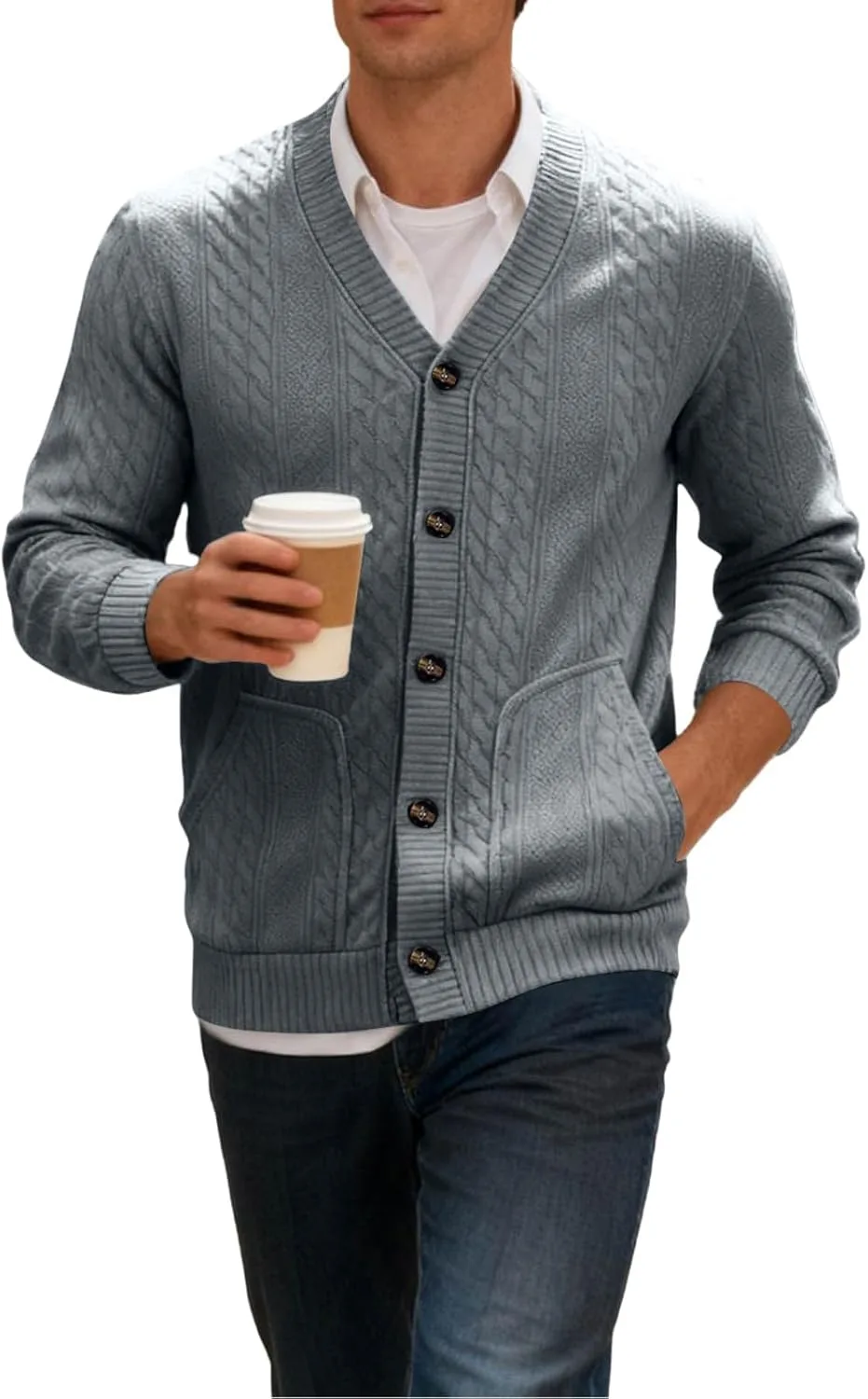Мужской кардиган с V-образным вырезом, кабельной вязкой и карманами FQZWONG
Мужской кардиган с V-образным вырезом, кабельной вязкой и карманами FQZWONG