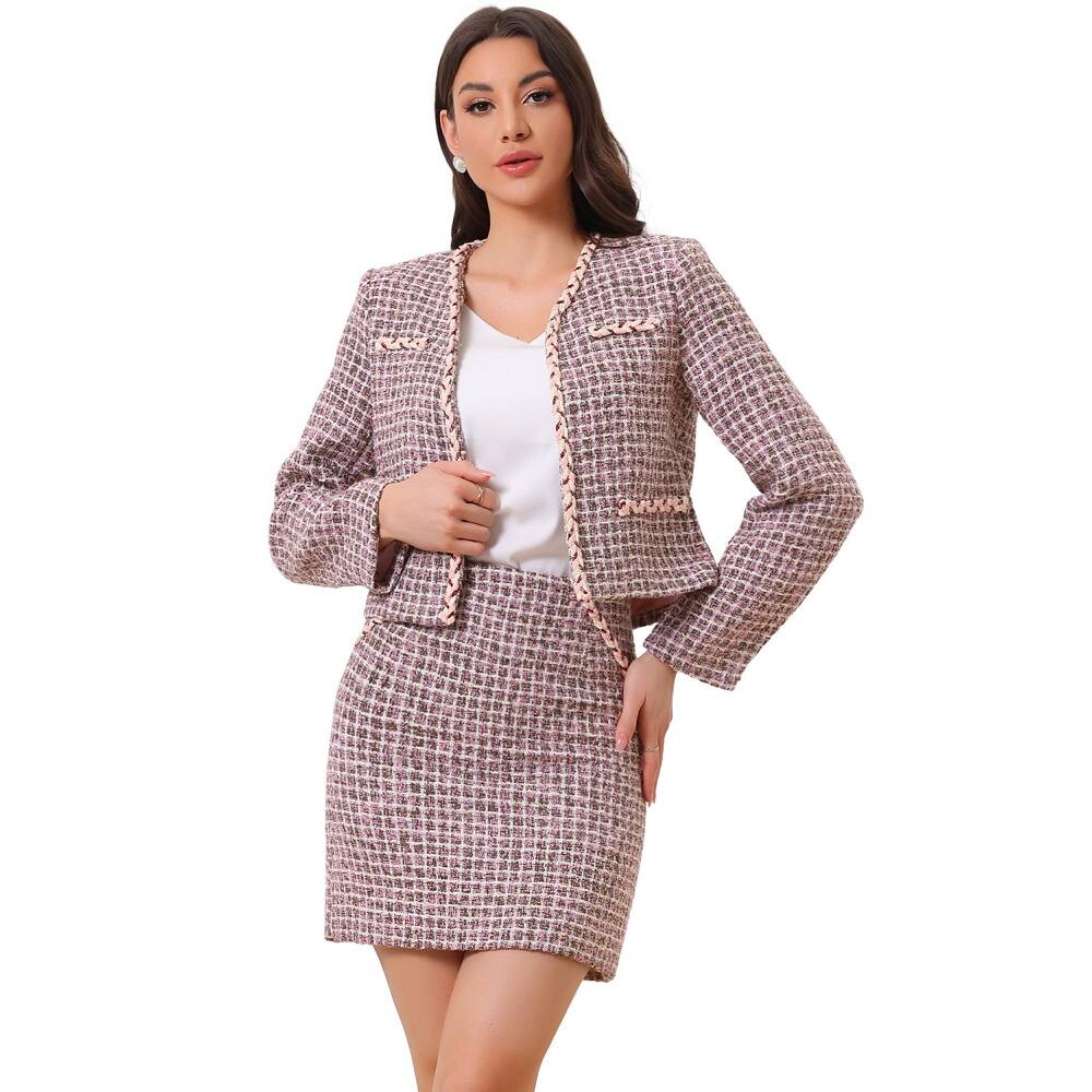 Как носить клетчатый твид для женщин: комплекты из короткого пиджака и юбки с открытым передом ALLEGRA K, цвет Pink Purple
Как носить клетчатый твид для женщин: комплекты из короткого пиджака и юбки с открытым передом ALLEGRA K, цвет Pink Purple