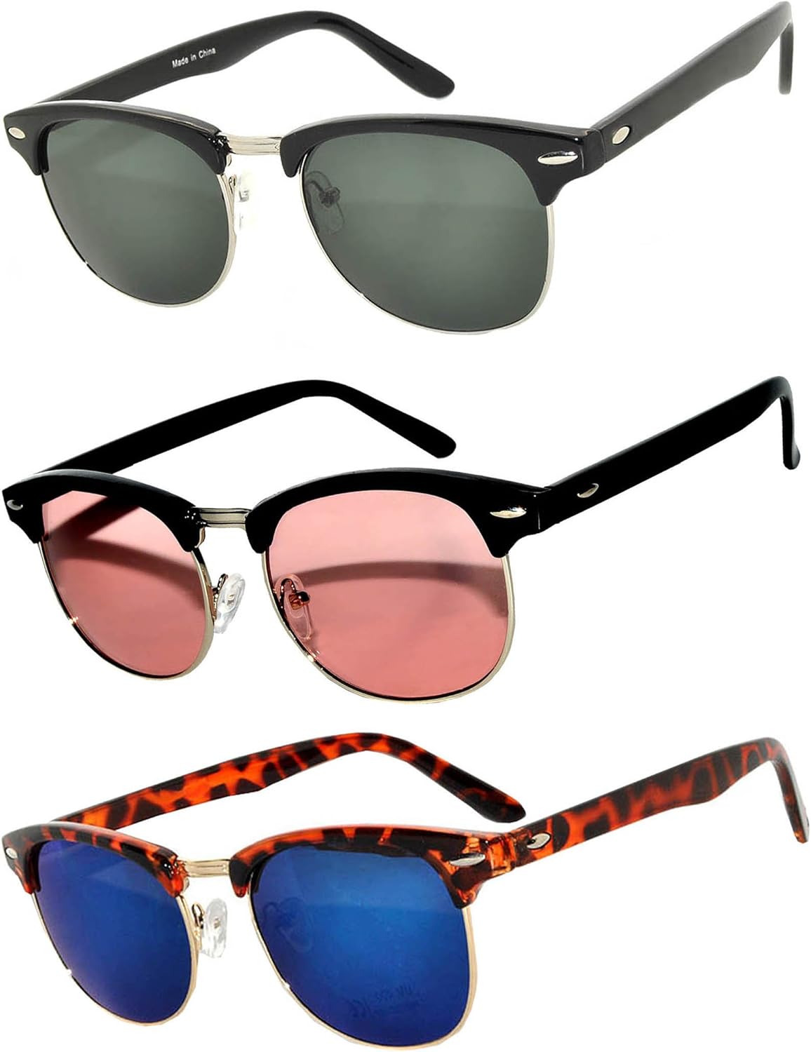 OWL Набор из 3 полуободковых солнцезащитных очков из металла и пластика для женщин и мужчин, защита от УФ-излучения UV400, дымчатые, тонированные, зеркальные линзы, ретро-стиль, Black/ Smoke, Black/Pink, Leopard/Blue Mirror
OWL Набор из 3 полуободковых солнцезащитных очков из металла и пластика для женщин и мужчин, защита от УФ-излучения UV400, дымчатые, тонированные, зеркальные линзы, ретро-стиль, Black/ Smoke, Black/Pink, Leopard/Blue Mirror