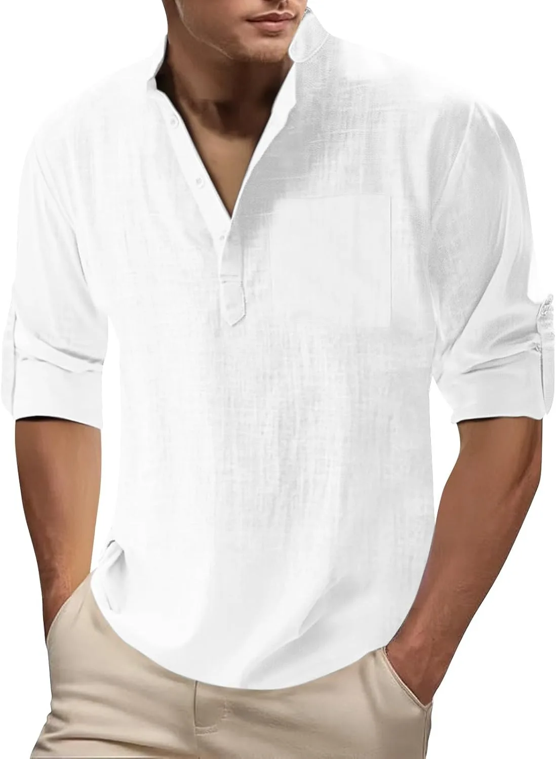 Мужская рубашка хенли с воротником стойкой и короткими закатанными рукавами
Мужская рубашка хенли с воротником стойкой и короткими закатанными рукавами