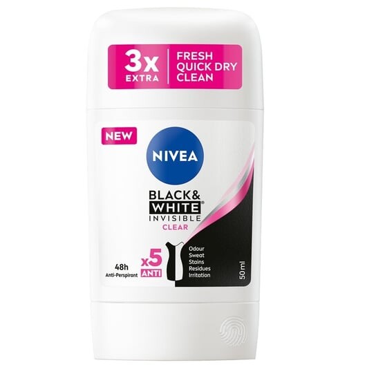 Антиперспирант-стик 50мл Nivea, Black&White Invisible Clear 
Антиперспирант-стик 50мл Nivea, Black&White Invisible Clear