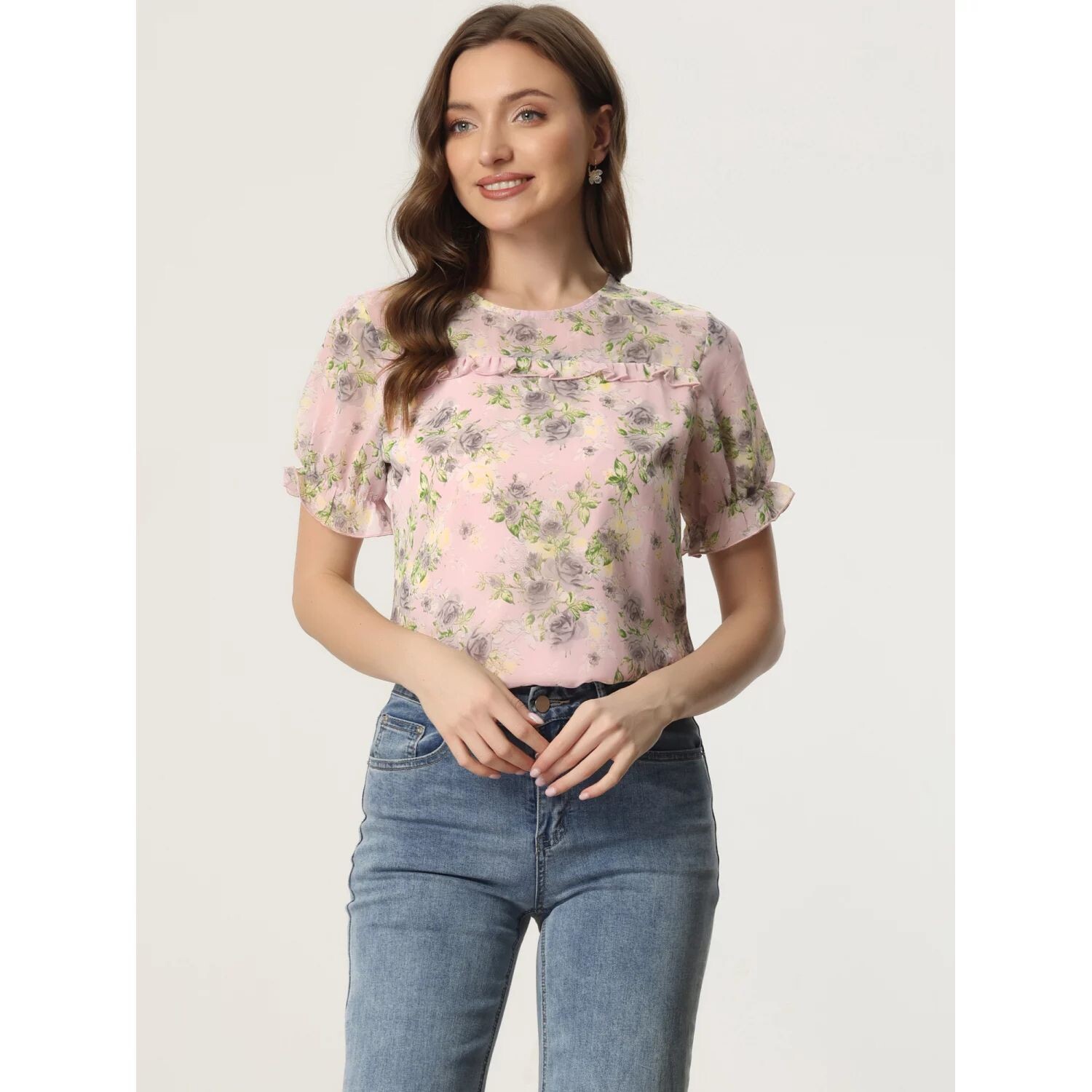 Женская шифоновая блузка с короткими рукавами и рюшами и цветочным принтом ALLEGRA K
Женская шифоновая блузка с короткими рукавами и рюшами и цветочным принтом ALLEGRA K