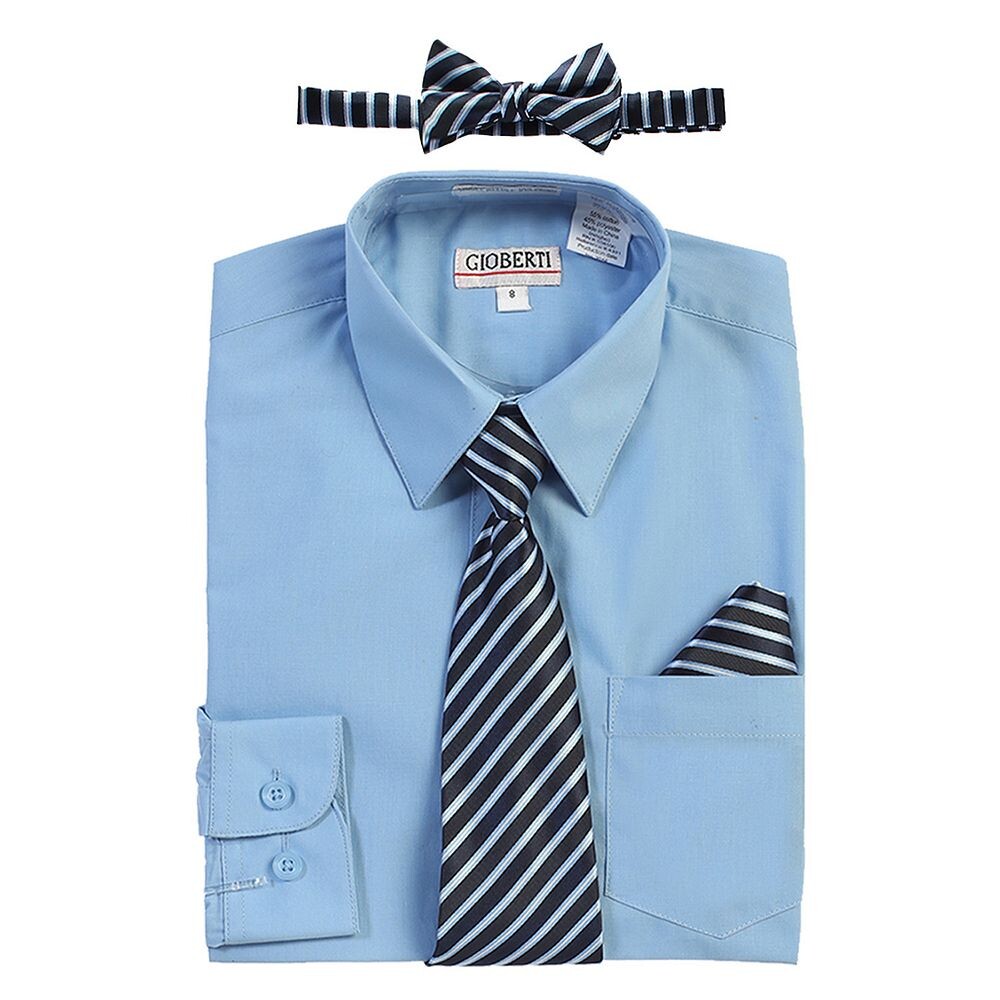 Детская классическая рубашка с длинными рукавами Gioberti + галстук в полоску, галстук-бабочка и носовой платок, цвет Sky Blue