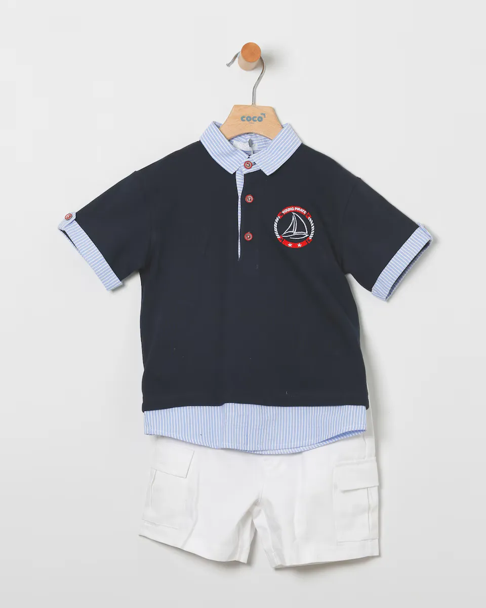 Комплект из рубашки поло и шорт для мальчика с карманами-карго Coco Acqua, темно-синий