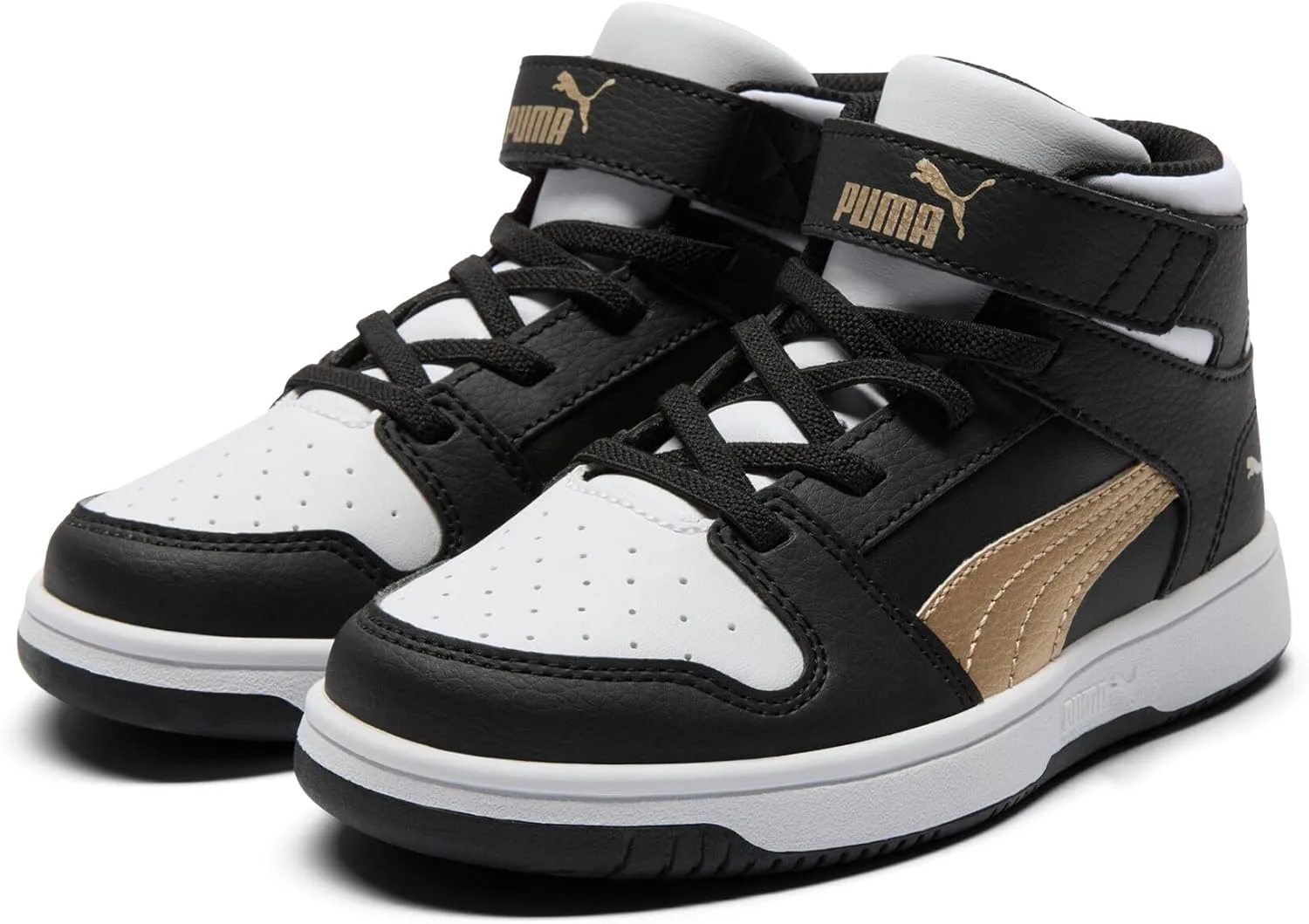 Кроссовки PUMA для детей Rebound Layup Mid на липучках, черный/золотой/белый
Кроссовки PUMA для детей Rebound Layup Mid на липучках, черный/золотой/белый