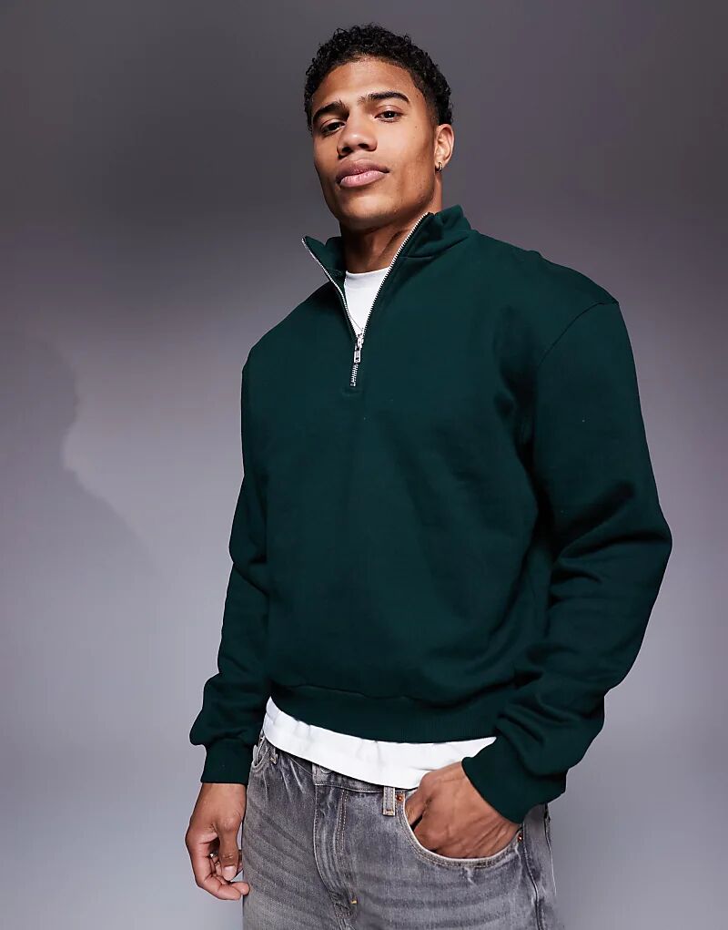 Толстовка ASOS DESIGN премиум-класса свободного кроя с застежкой-молнией на четверть дюйма, плотностью 400 г/м², темно-зеленого цвета 
Толстовка ASOS DESIGN премиум-класса свободного кроя с застежкой-молнией на четверть дюйма, плотностью 400 г/м², темно-зеленого цвета