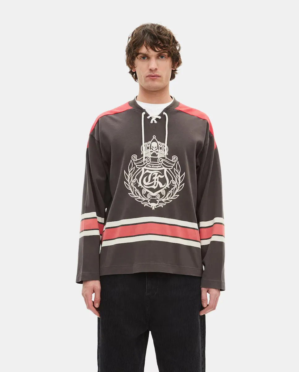 Черный мужской свитшот в стиле Polo с контрастными полосками и гербом The Kooples 
Черный мужской свитшот в стиле Polo с контрастными полосками и гербом The Kooples