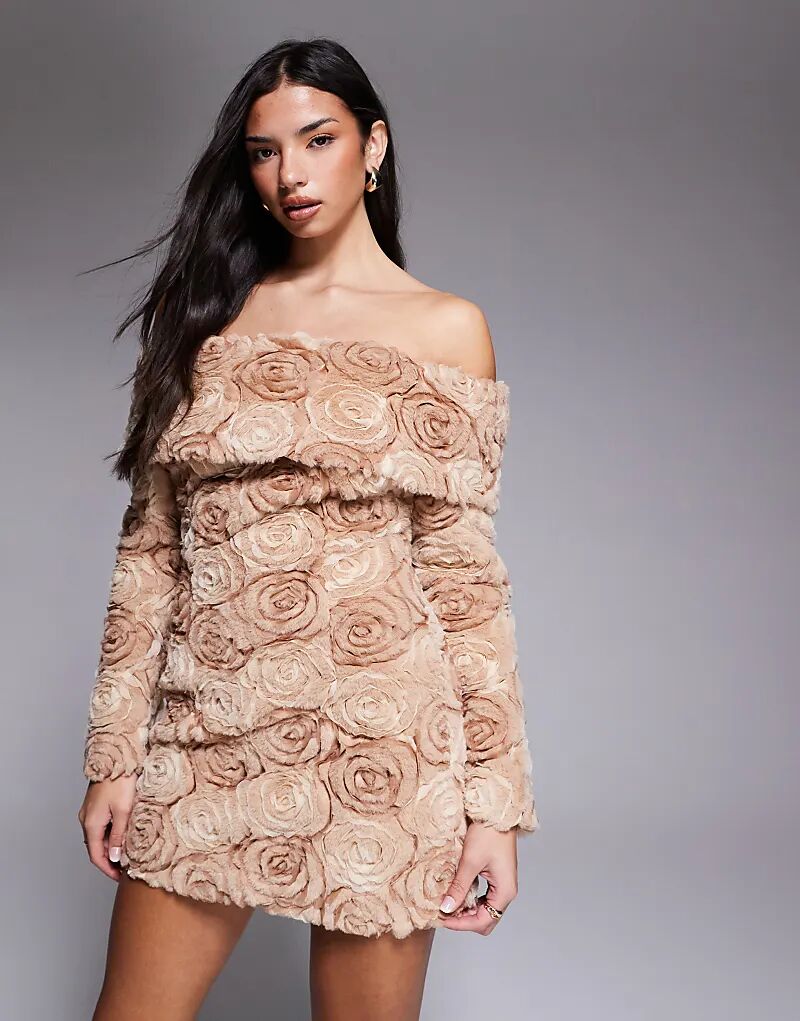 Коричневое мини-платье с открытыми плечами и меховыми цветами ASOS LUXE