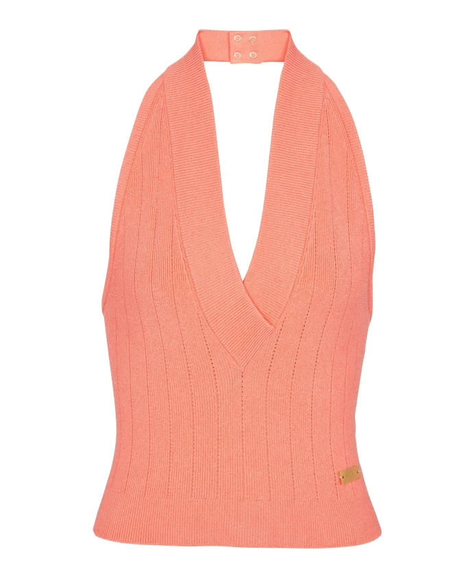 Тонкий, ребристый, вязаный топ без спинки Balmain, розовый
Тонкий, ребристый, вязаный топ без спинки Balmain, розовый