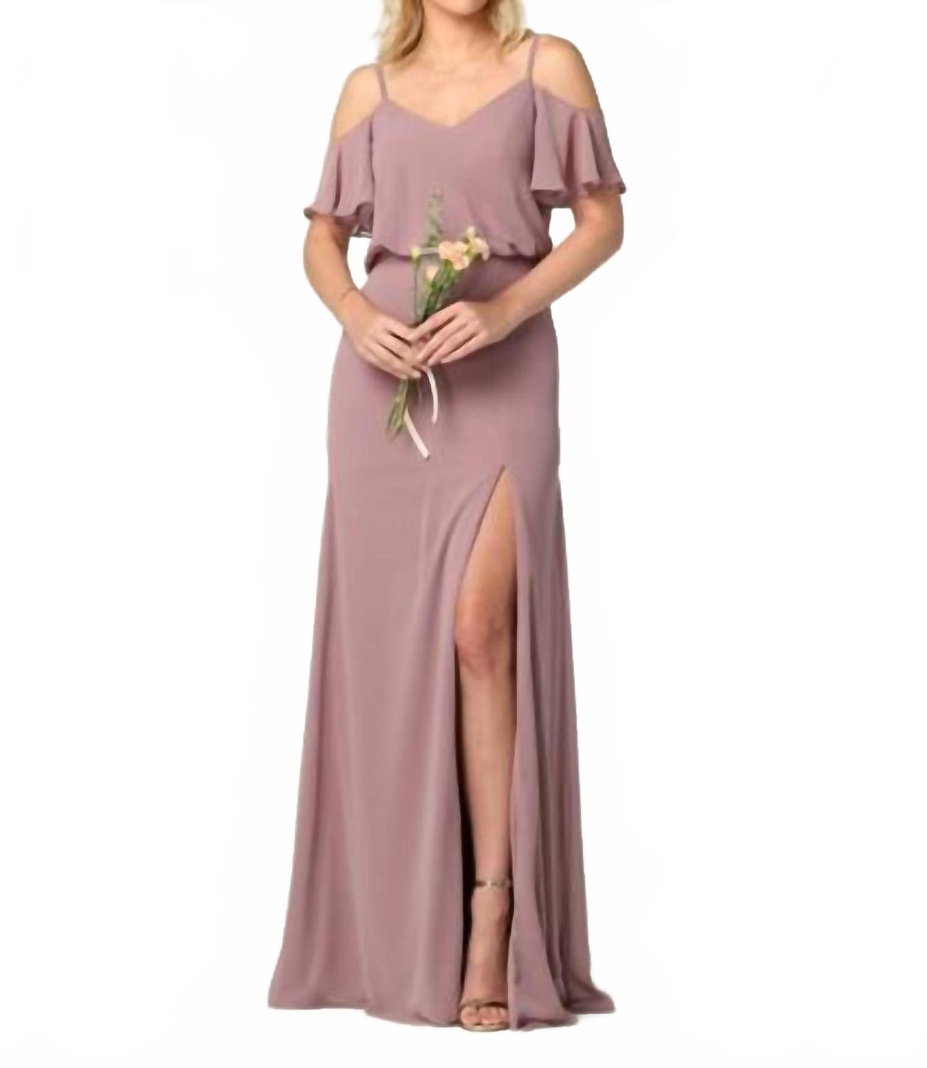 Туника для подружек невесты с открытыми плечами и баской в оттенке розовато-лилового Eva 
Туника для подружек невесты с открытыми плечами и баской в оттенке розовато-лилового Eva