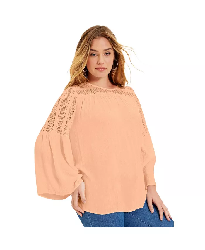 Женская блузка больших размеров с отделкой крючком June + Vie, розовый 
Женская блузка больших размеров с отделкой крючком June + Vie, розовый