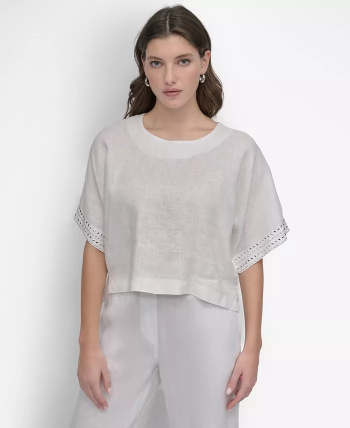 Женская укороченная короткорукавная льняная блуза с шипами DKNY, белый
Женская укороченная короткорукавная льняная блуза с шипами DKNY, белый