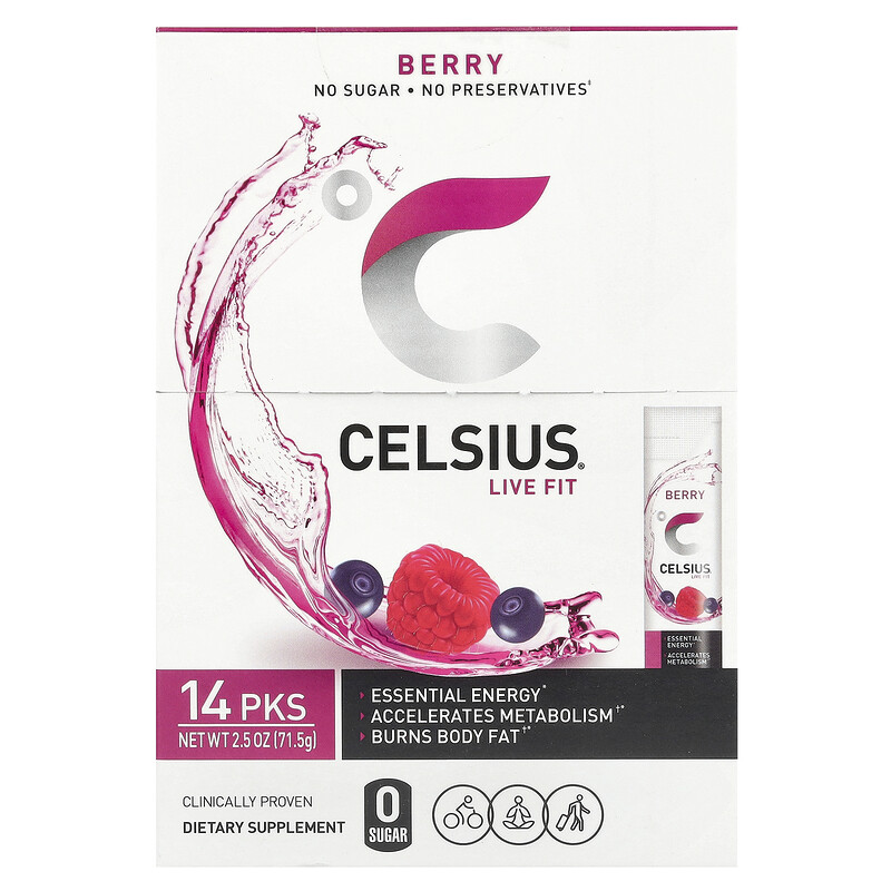 Celsius, Live Fit, ягоды, 14 пакетиков по 5,11 г (0,18 унции)
Celsius, Live Fit, ягоды, 14 пакетиков по 5,11 г (0,18 унции)