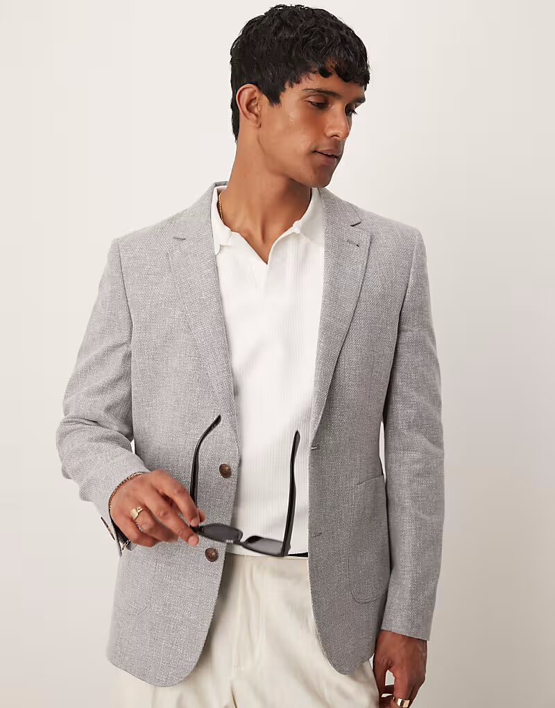 Узкий блейзер из льняной смеси ASOS DESIGN серого цвета 
Узкий блейзер из льняной смеси ASOS DESIGN серого цвета