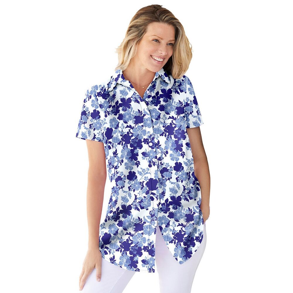 Женщина в женской идеальной рубашке с коротким рукавом больших размеров Woman Within, цвет Ultra Blue Shadow
Женщина в женской идеальной рубашке с коротким рукавом больших размеров Woman Within, цвет Ultra Blue Shadow