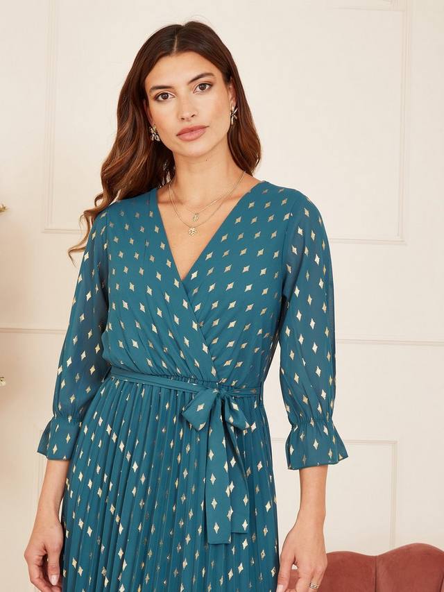 Плиссированное платье с запахом из фольги с принтом Yumi, бирюзовый
Плиссированное платье с запахом из фольги с принтом Yumi, бирюзовый