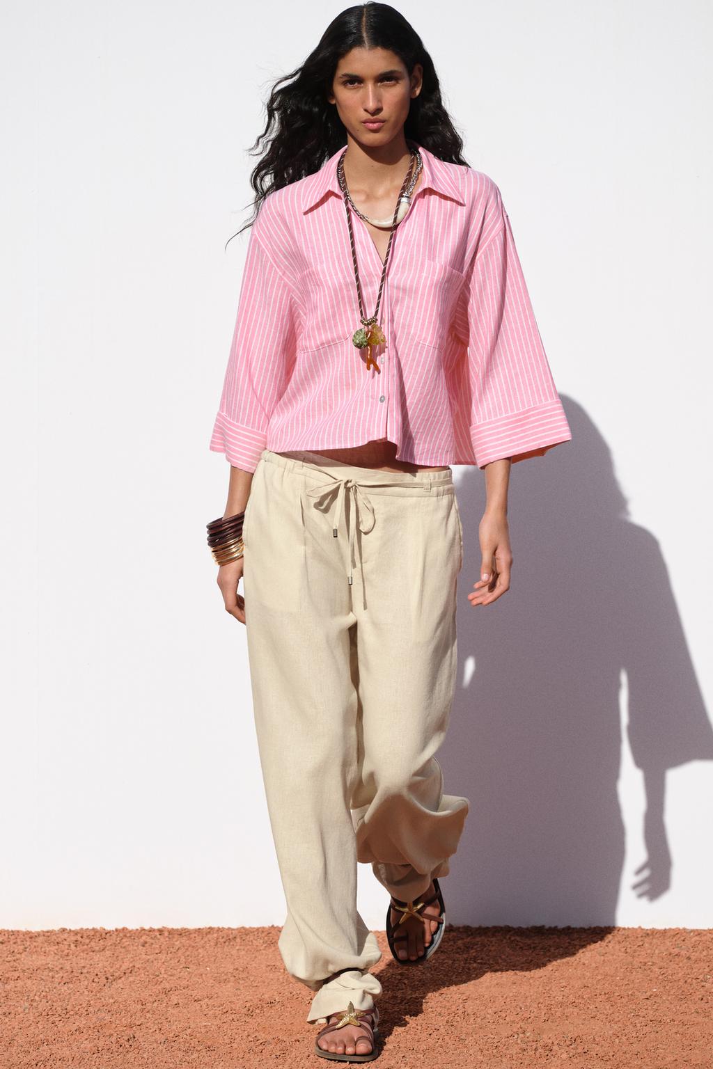 Полосатая льняная рубашка ZARA, цвет Pink/White 
Полосатая льняная рубашка ZARA, цвет Pink/White