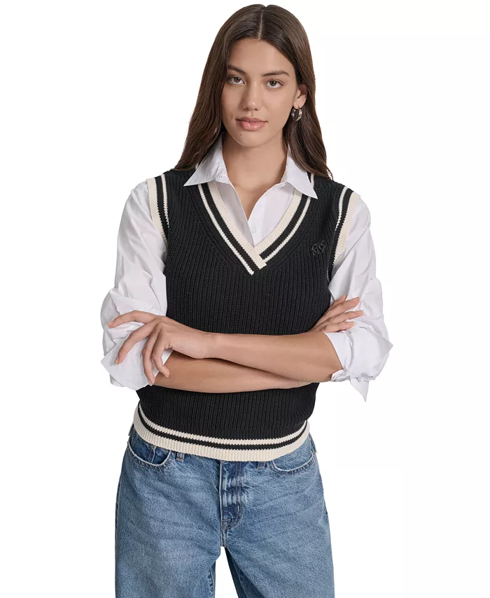 Женский хлопковый свитер без рукавов с V-образным вырезом и контрастной отделкой DKNY Jeans, черный
Женский хлопковый свитер без рукавов с V-образным вырезом и контрастной отделкой DKNY Jeans, черный