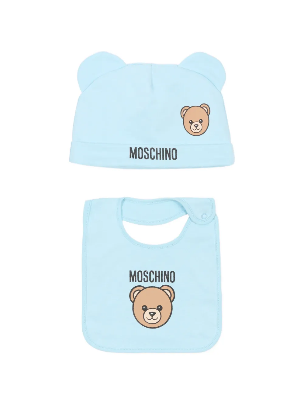 Комплект из шапочки и нагрудника с аппликацией в виде медвежонка Moschino Kids, синий
Комплект из шапочки и нагрудника с аппликацией в виде медвежонка Moschino Kids, синий