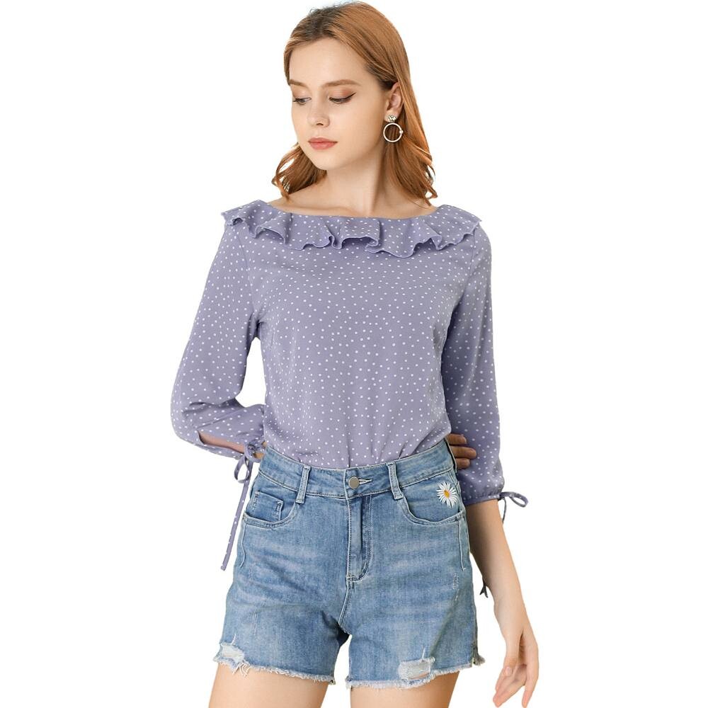 Женский винтажный топ с рукавом 3/4, блузка в горошек с оборками и вырезом «лодочка» ALLEGRA K, фиолетовый 
Женский винтажный топ с рукавом 3/4, блузка в горошек с оборками и вырезом «лодочка» ALLEGRA K, фиолетовый