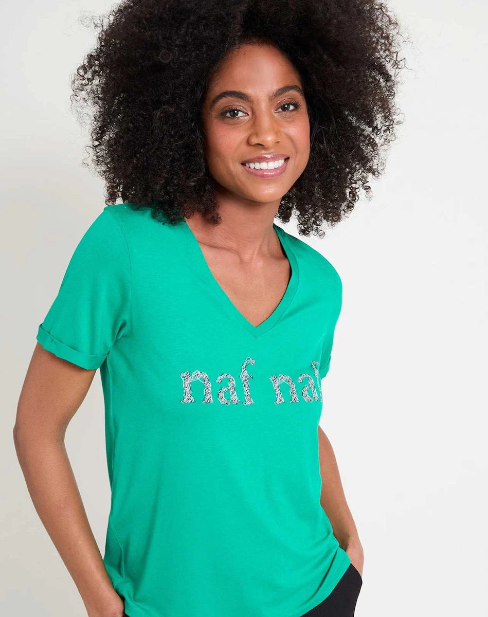 Женская приталенная футболка с V-образным вырезом Naf Naf, зеленый
Женская приталенная футболка с V-образным вырезом Naf Naf, зеленый