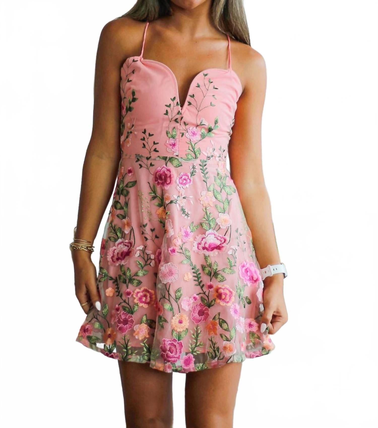 Вышитое платье мини с цветочным принтом в нежно-розовых тонах Fore Collection