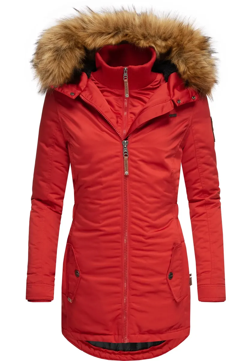 Зимнее пальто Marikoo "Sanakoo", шикарное женское полупальто с капюшоном из искусственного меха, красный 
Зимнее пальто Marikoo "Sanakoo", шикарное женское полупальто с капюшоном из искусственного меха, красный