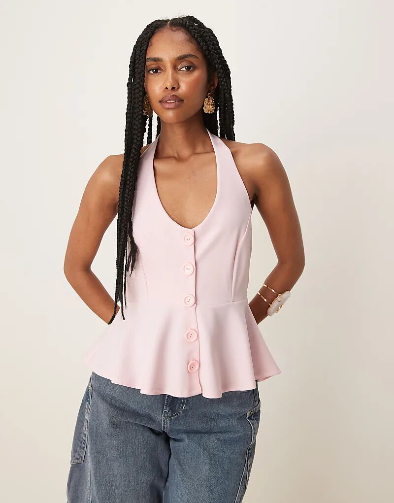 Жилет ASOS DESIGN с застежкой на пуговицы и халтер-воротником, присборенный на талию, нежно-розового цвета 
Жилет ASOS DESIGN с застежкой на пуговицы и халтер-воротником, присборенный на талию, нежно-розового цвета