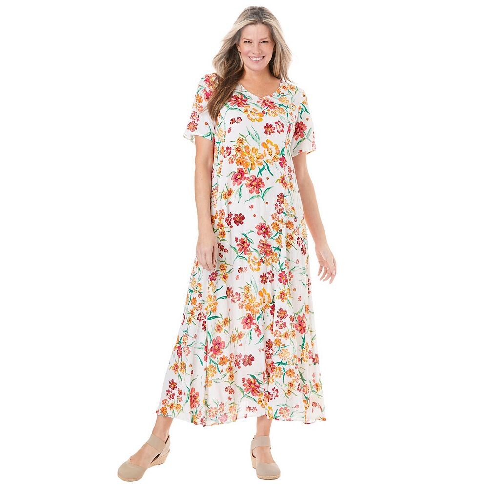 Женщина в женском мятом платье больших размеров с короткими рукавами Woman Within, цвет White Floral
Женщина в женском мятом платье больших размеров с короткими рукавами Woman Within, цвет White Floral