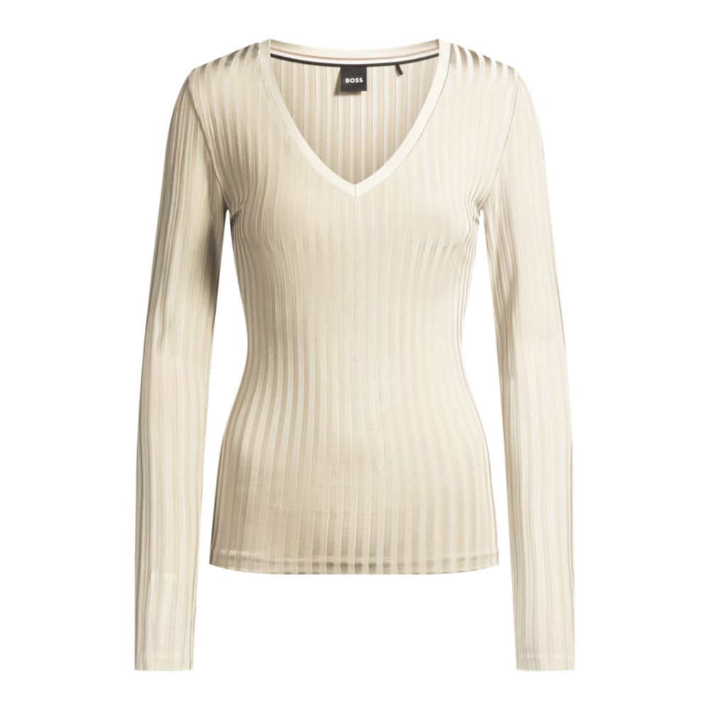 Топ с длинными рукавами и V-образным вырезом из блестящего ребристого трикотажа BOSS, белый 
Топ с длинными рукавами и V-образным вырезом из блестящего ребристого трикотажа BOSS, белый