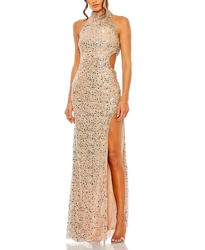 Платье с высоким воротником, разрезом на боку и пайетками Mac Duggal, розовый 
Платье с высоким воротником, разрезом на боку и пайетками Mac Duggal, розовый