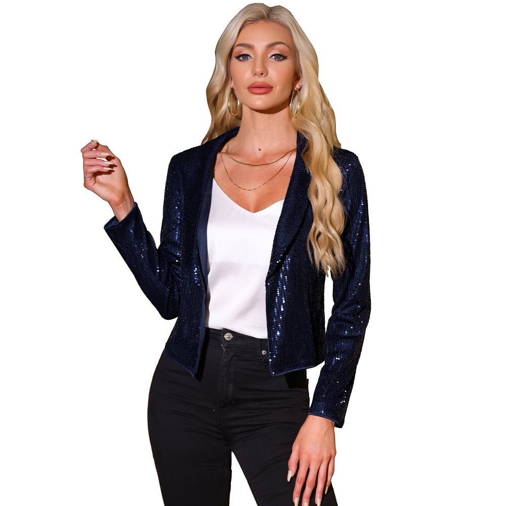 Блестящий укороченный женский кардиган с открытым передом и болеро с пайетками ALLEGRA K, цвет Dark Blue 
Блестящий укороченный женский кардиган с открытым передом и болеро с пайетками ALLEGRA K, цвет Dark Blue