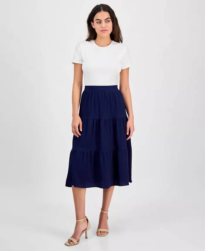 Укороченная текстурированная миди-юбка на три яруса с поясом на резинке AK Anne Klein, синий
Укороченная текстурированная миди-юбка на три яруса с поясом на резинке AK Anne Klein, синий