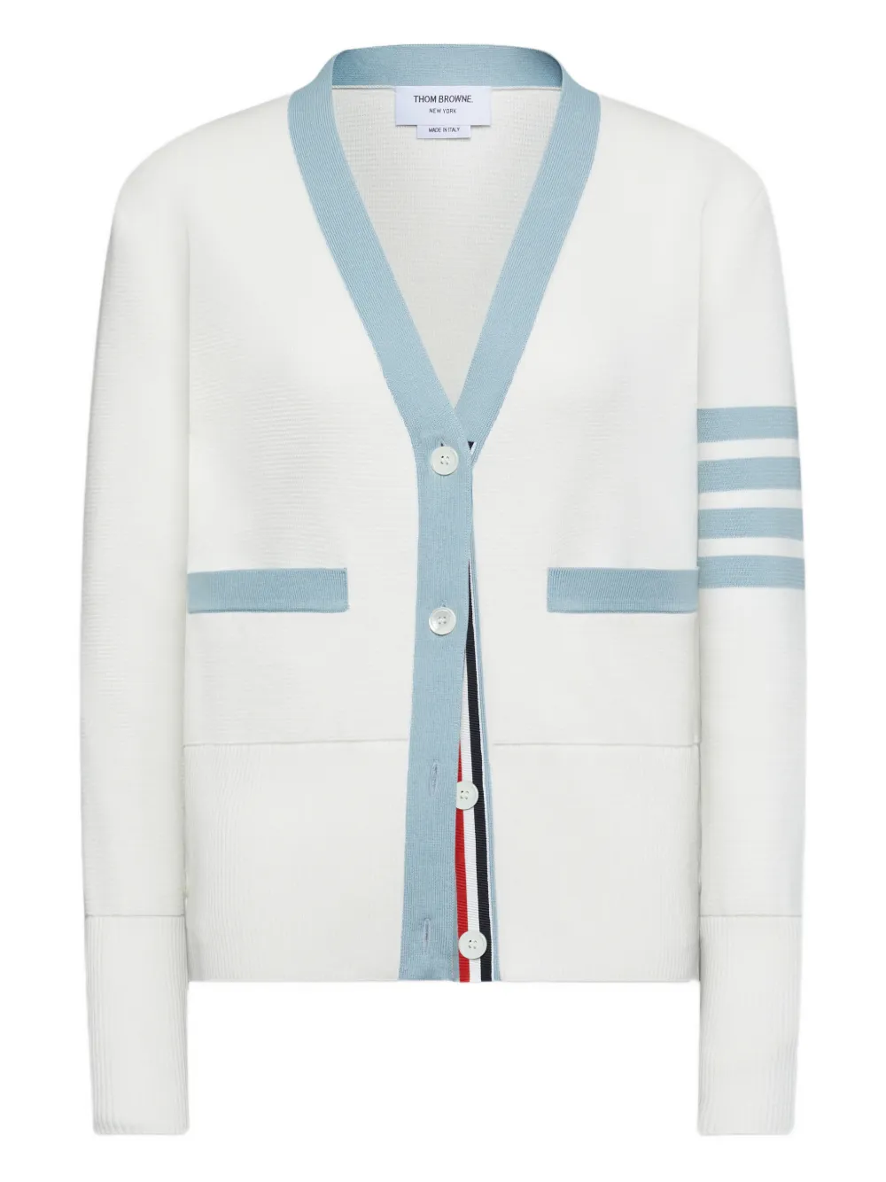 Кардиган с V-образным вырезом и четырьмя полосками Thom Browne, белый
Кардиган с V-образным вырезом и четырьмя полосками Thom Browne, белый