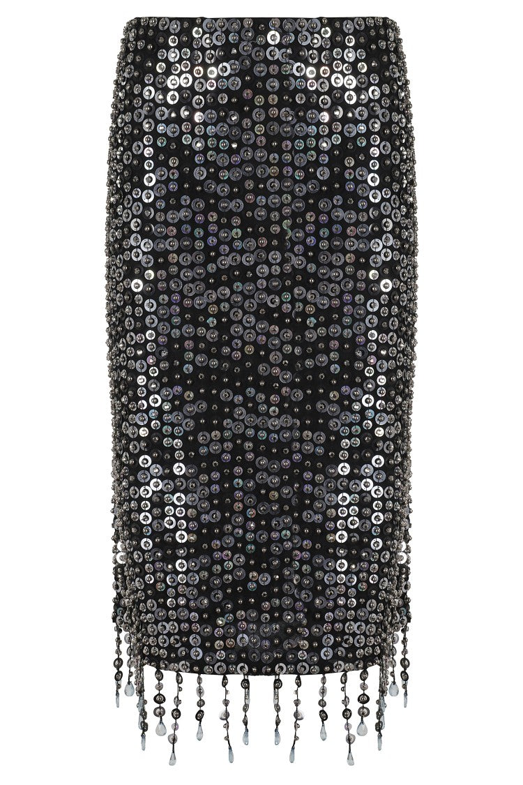 Черная миди-юбка с бахромой и пайетками на съемной нижней юбке PINKO
Черная миди-юбка с бахромой и пайетками на съемной нижней юбке PINKO