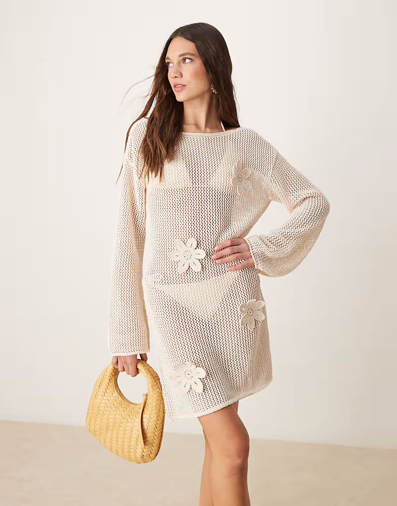 Трикотажное пляжное мини-платье ASOS DESIGN с 3D-цветами в цвете экрю