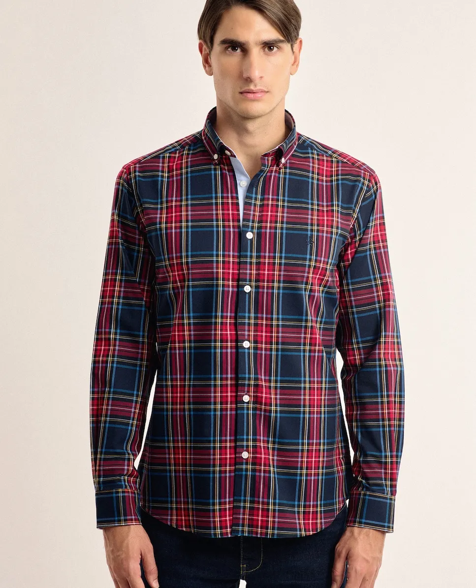 Классическая мужская рубашка из хлопка с геометрическим тартановым принтом в темно-синем цвете Valecuatro, многоцветный 
Классическая мужская рубашка из хлопка с геометрическим тартановым принтом в темно-синем цвете Valecuatro, многоцветный